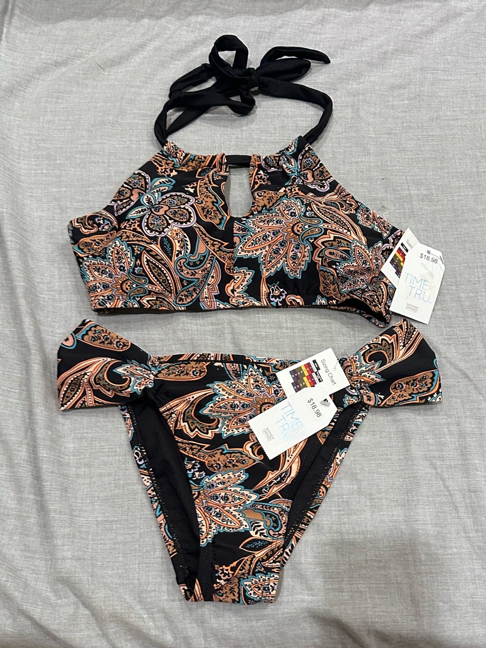 Time and Tru Black Bikini Set with Rust & Teal Paisley